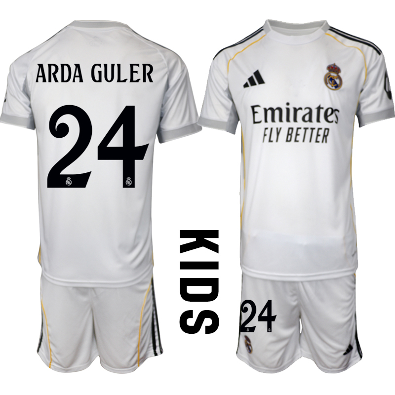 Köp Barn Real Madrid Hemmatröja 2025/26 Arda Guler #24 Fotbollssats Kortärmad (+ Shorts)
