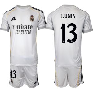 Köp Herr Real Madrid Hemmatröja 2025/26 Andriy Lunin #13 Fotbollsmatchställ (kortärmad tröja + shorts)
