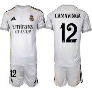 Köp Herr Real Madrid Hemmatröja 2025/26 Eduardo Camavinga #12 Fotbollsmatchställ (kortärmad tröja + shorts)