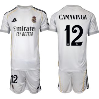 Köp Herr Real Madrid Hemmatröja 2025/26 Eduardo Camavinga #12 Fotbollsmatchställ (kortärmad tröja + shorts)
