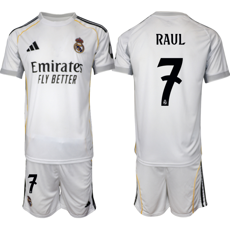 Köp Herr Real Madrid Hemmatröja 2025/26 Raul #7 Fotbollsmatchställ (kortärmad tröja + shorts)