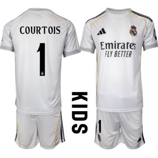 Köp Barn Real Madrid Hemmatröja 2025/26 Thibaut Courtois #1 Fotbollssats Kortärmad (+ Shorts)