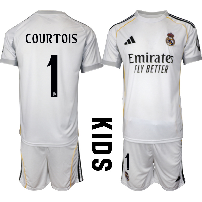 Köp Barn Real Madrid Hemmatröja 2025/26 Thibaut Courtois #1 Fotbollssats Kortärmad (+ Shorts) 1 Köp Barn Real Madrid Hemmatröja 2025/26 Thibaut Courtois #1 Fotbollssats Kortärmad (+ Shorts)