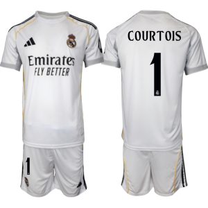 Köp Herr Real Madrid Hemmatröja 2025/26 Thibaut Courtois #1 Fotbollsmatchställ (kortärmad tröja + shorts)