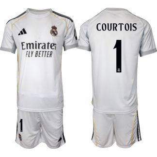 Köp Herr Real Madrid Hemmatröja 2025/26 Thibaut Courtois #1 Fotbollsmatchställ (kortärmad tröja + shorts)