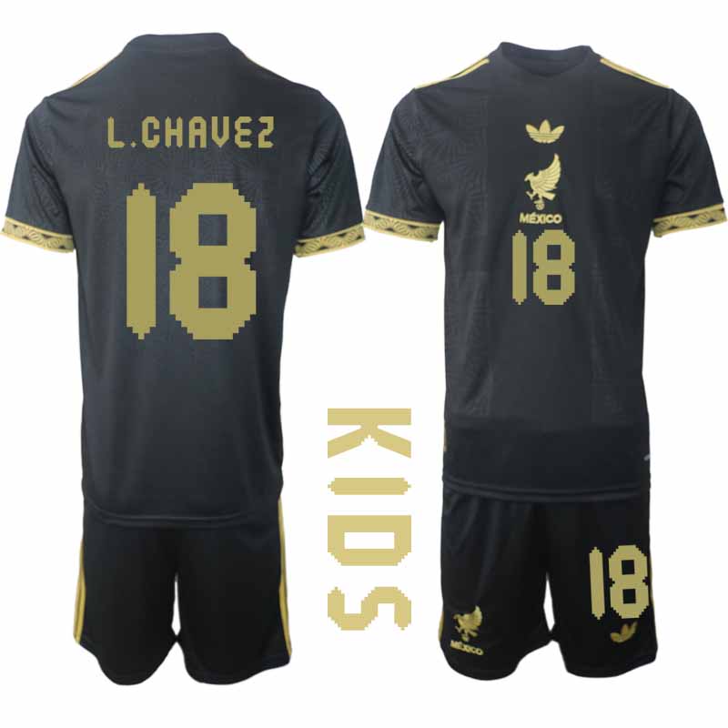 Mexiko 2025 Gold Cup Fotbollströja Barn Luis Chavez 18 Fotbollsklädset Kortärmad + Shorts