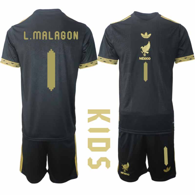 Köp Mexiko 2025 Gold Cup Fotbollströja Barn Luis Malagon 1 Fotbollsklädset Kortärmad + Shorts