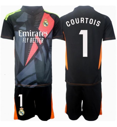 Köp Real Madrid Barn Målvakt Bortatröja 2024/25 Thibaut Courtois #1 Fotbollsklädset Kortärmad Tröja + Shorts