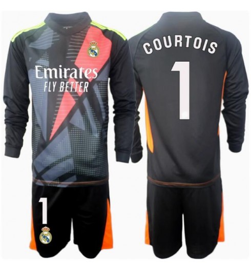 Köp Real Madrid Barn Målvakt Bortatröja 2024/25 Thibaut Courtois #1 Fotbollsklädset Långärmad Tröja + Shorts