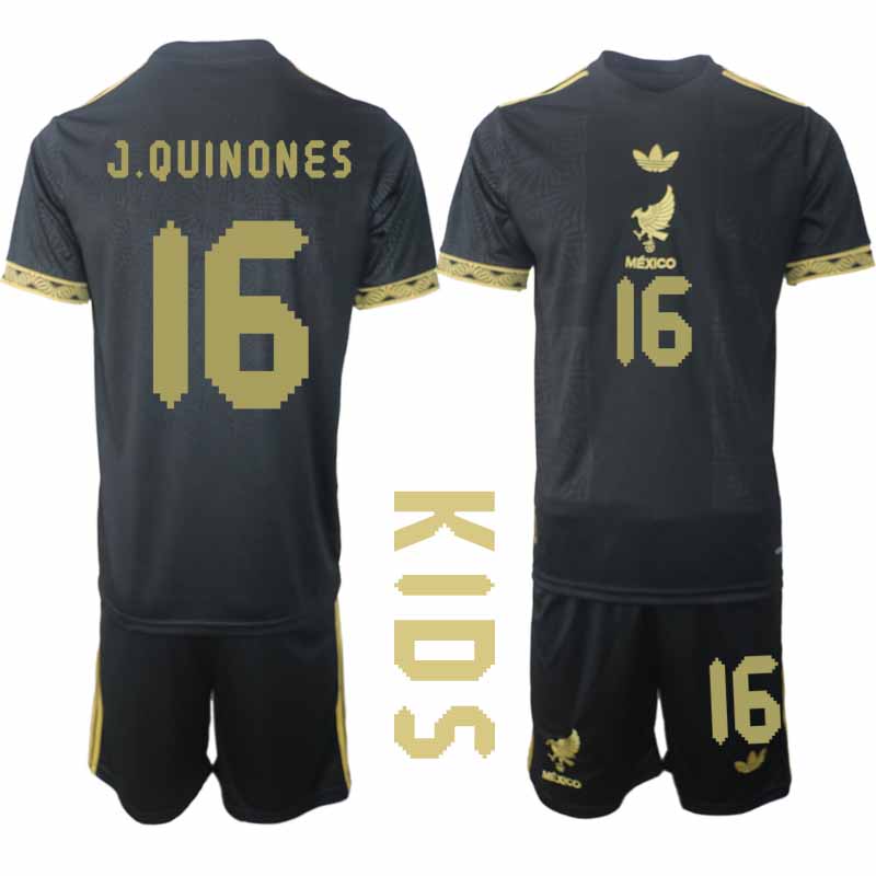 Köp Mexiko 2025 Gold Cup Fotbollströja Barn Julián Quiñones 16 Fotbollsklädset Kortärmad + Shorts