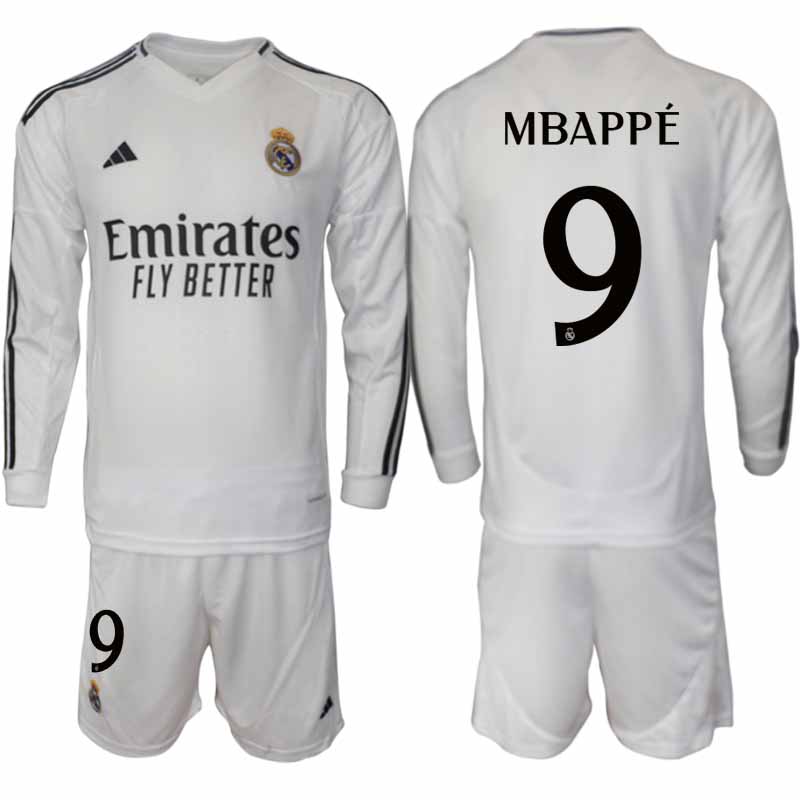 Köp Real Madrid Herr Hemmatröja 2024/25 Kylian Mbappé 9 Fotbollsställ Långärmad (+ Shorts)