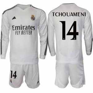 Köp Real Madrid Herr Hemmatröja 2024/25 Aurelien Tchouameni 14 Fotbollsställ Långärmad (+ Shorts)