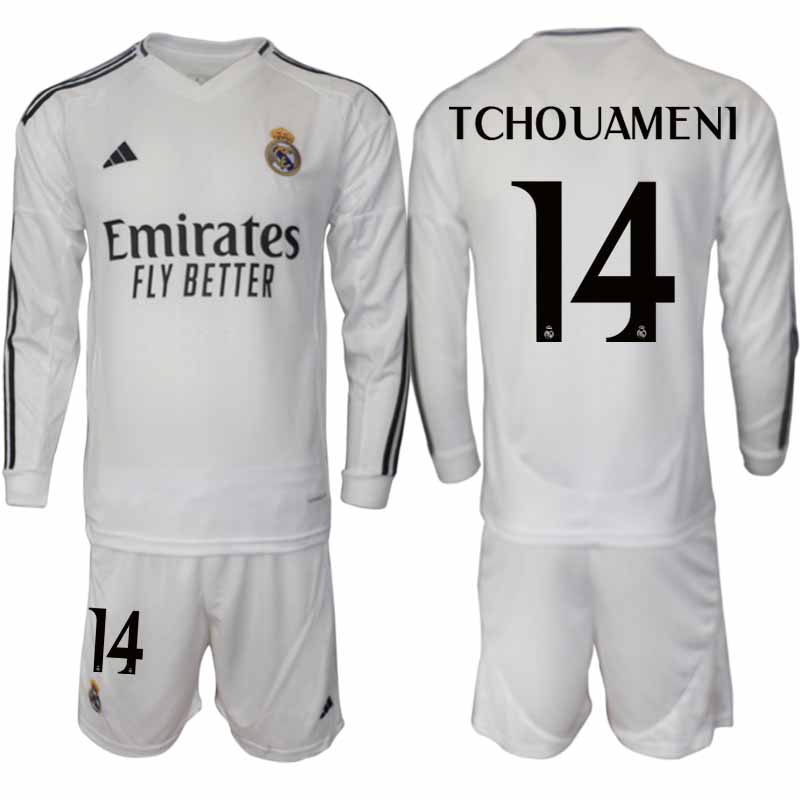 Köp Real Madrid Herr Hemmatröja 2024/25 Aurelien Tchouameni 14 Fotbollsställ Långärmad (+ Shorts) 1 Köp Real Madrid Herr Hemmatröja 2024/25 Aurelien Tchouameni 14 Fotbollsställ Långärmad (+ Shorts)