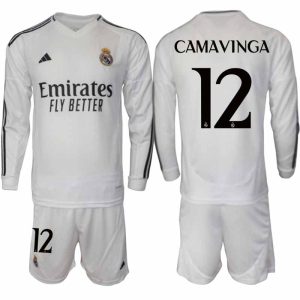 Köp Real Madrid Herr Hemmatröja 2024/25 Eduardo Camavinga #12 Fotbollsställ Långärmad (+ Shorts)