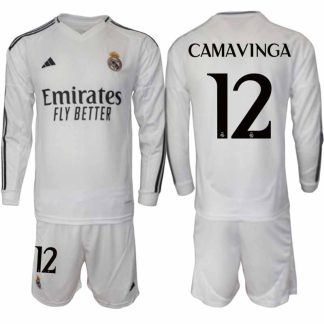 Köp Real Madrid Herr Hemmatröja 2024/25 Eduardo Camavinga #12 Fotbollsställ Långärmad (+ Shorts)