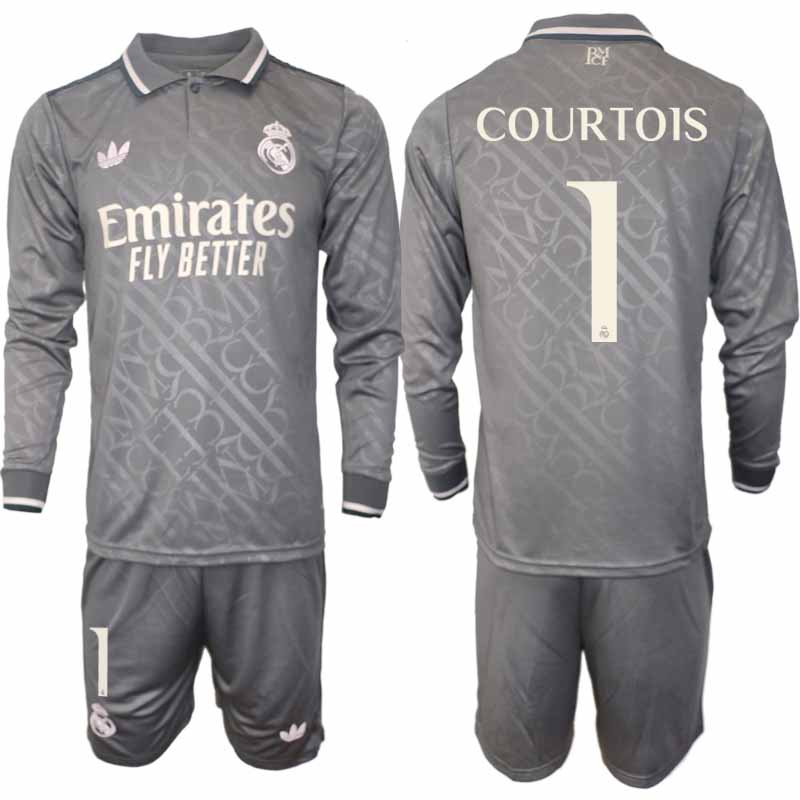 Köp Real Madrid Herr Tredjetröja 2024/25 Thibaut Courtois 1 Fotbollsställ Långärmad (+ Shorts) 1 Köp Real Madrid Herr Tredjetröja 2024/25 Thibaut Courtois 1 Fotbollsställ Långärmad (+ Shorts)