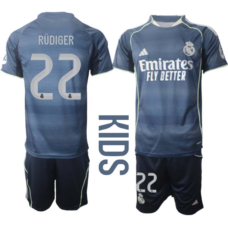 Real Madrid Bortaställ Barn 2025/26 – Antonio Rüdiger 22 – Kortärmad Fotbollströja + Shorts