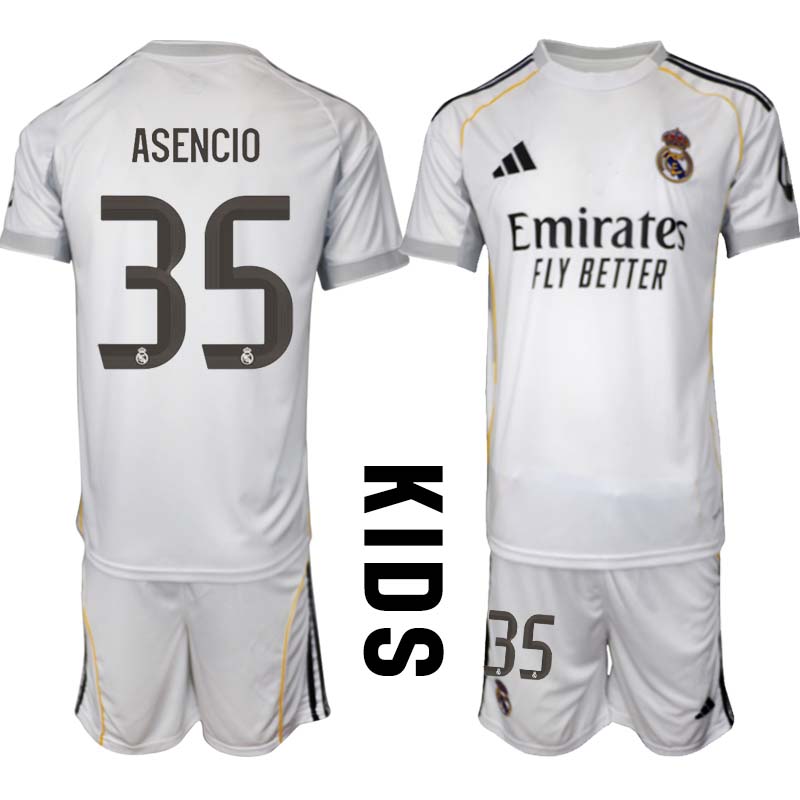 Real Madrid Hemmaställ Barn 2025/26 – Raúl Asencio 35 – Kortärmad Fotbollströja + Shorts Real Madrid Hemmaställ Barn 2025/26 – Raúl Asencio 35 – Kortärmad Fotbollströja + Shorts
