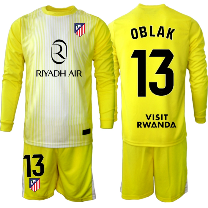 Atlético Madrid Barn Målvaktsställ 2025-26 Jan Oblak 13 Gul Långärmad Fotbollströja + Shorts