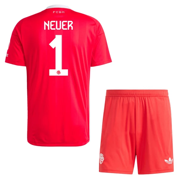 FC Bayern München Tredje Målvaktsställ Barn 2025/26 Röd Manuel Neuer 1 Kortärmad Fotbollströja + Shorts