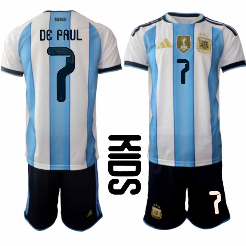 Argentina 2026 VM Hemmaställ Barn Rodrigo De Paul #7 Kortärmad Fotbollströja + Shorts 1 Argentina 2026 VM Hemmaställ Barn Rodrigo De Paul #7 Kortärmad Fotbollströja + Shorts