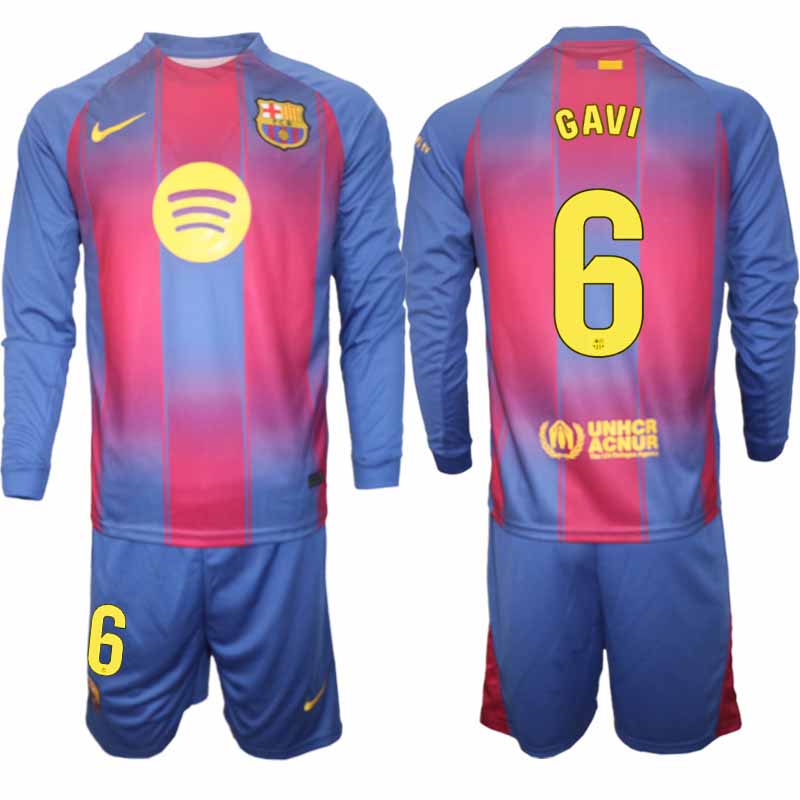 FC Barcelona Herr Långärmad Hemmaställ 2025/26 Paez Gavi #6 Tröja + Shorts