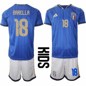 Italien 2026 VM Hemmaställ Barn Nicolo Barella #18 Tröja + Shorts