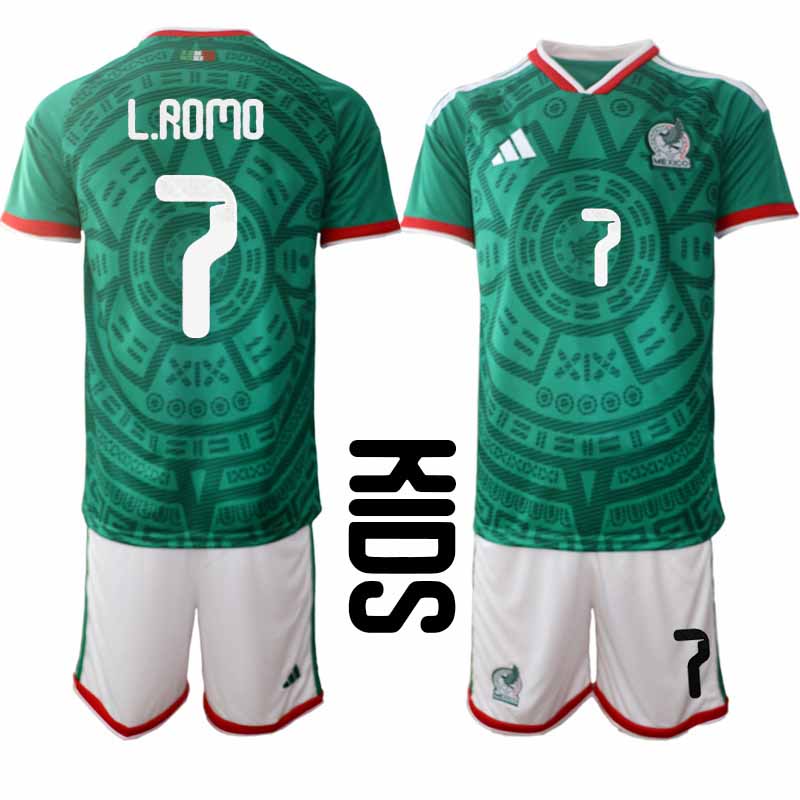 Mexiko 2026 VM Hemmaställ Barn Luis Romo #7 Kortärmad Fotbollströja + Shorts 1 Mexiko 2026 VM Hemmaställ Barn Luis Romo #7 Kortärmad Fotbollströja + Shorts