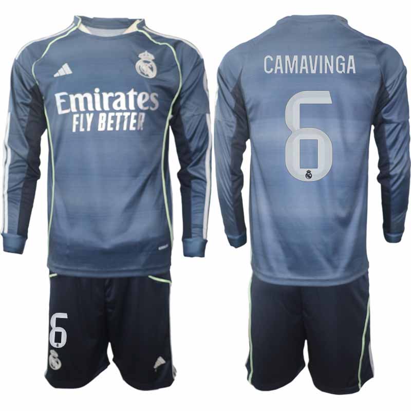 Real Madrid Eduardo Camavinga #6 Herr Långärmad Bortaställ 2025/26 Tröja + Shorts 1 Real Madrid Eduardo Camavinga #6 Herr Långärmad Bortaställ 2025/26 Tröja + Shorts