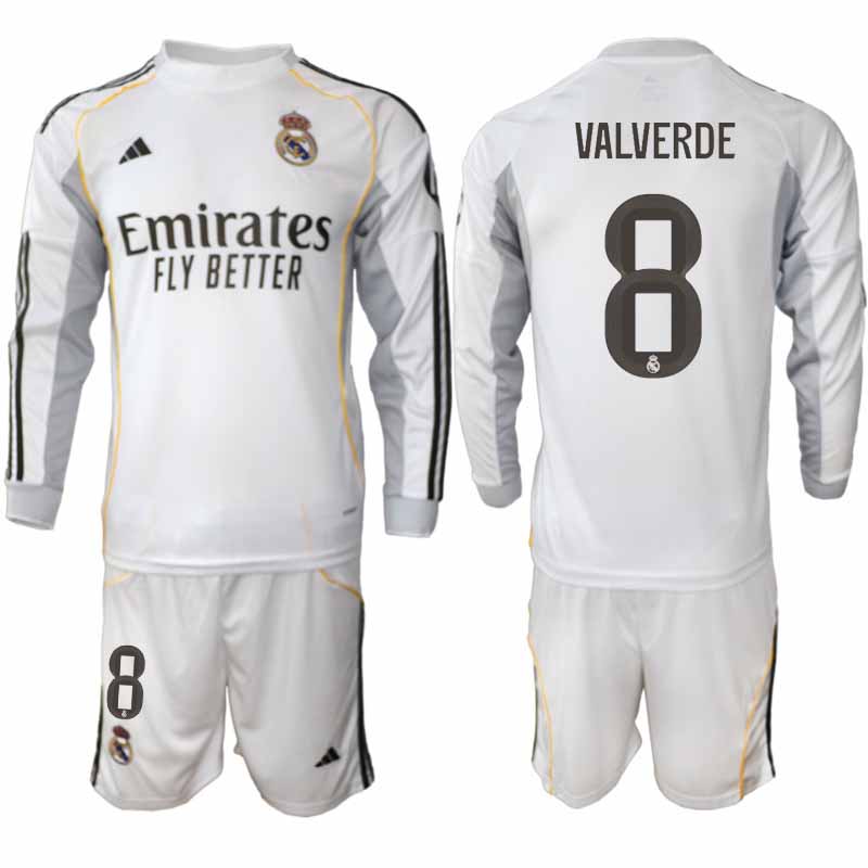 Real Madrid Federico Valverde #8 Herr Långärmad Hemmaställ 2025/26 Tröja + Shorts 1 Real Madrid Federico Valverde #8 Herr Långärmad Hemmaställ 2025/26 Tröja + Shorts