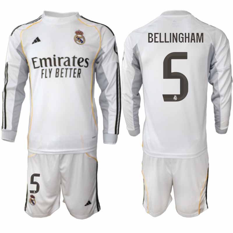 Real Madrid Jude Bellingham #5 Herr Långärmad Hemmaställ 2025/26 Tröja + Shorts 1 Real Madrid Jude Bellingham #5 Herr Långärmad Hemmaställ 2025/26 Tröja + Shorts