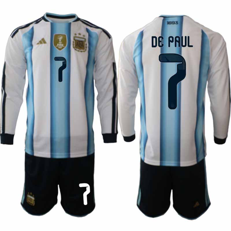 Argentina VM 2026 Hemmaställ Herr Rodrigo De Paul #7 Långärmad Fotbollströja + Shorts Argentina VM 2026 Hemmaställ Herr Rodrigo De Paul #7 Långärmad Fotbollströja + Shorts