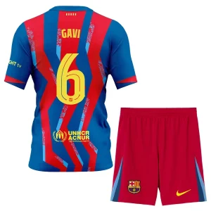 FC Barcelona Fjärdetröja 2025–26 Barn Set – Paez Gavi #6 Kortärmad Fotbollströja med Shorts