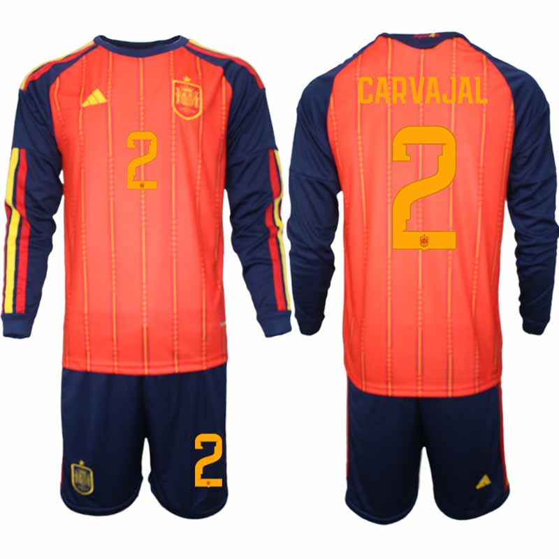 Spanien Herr VM 2026 Hemmaställ Dani Carvajal #2 Långärmad Fotbollströja med Shorts 1 Spanien Herr VM 2026 Hemmaställ Dani Carvajal #2 Långärmad Fotbollströja med Shorts