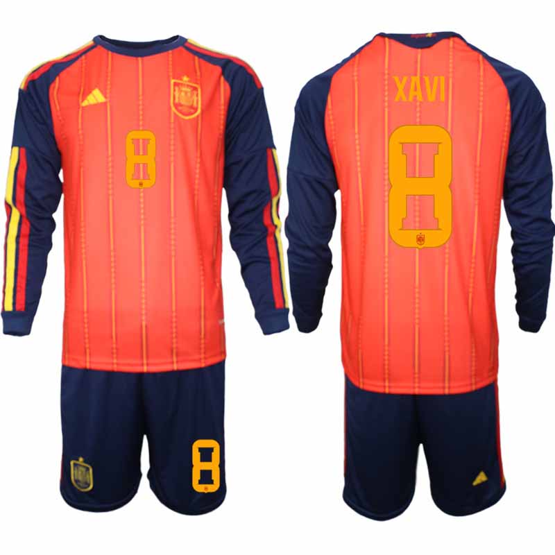 Spanien Herr VM 2026 Hemmaställ Xavi #8 Långärmad Fotbollströja med Shorts 1 Spanien Herr VM 2026 Hemmaställ Xavi #8 Långärmad Fotbollströja med Shorts