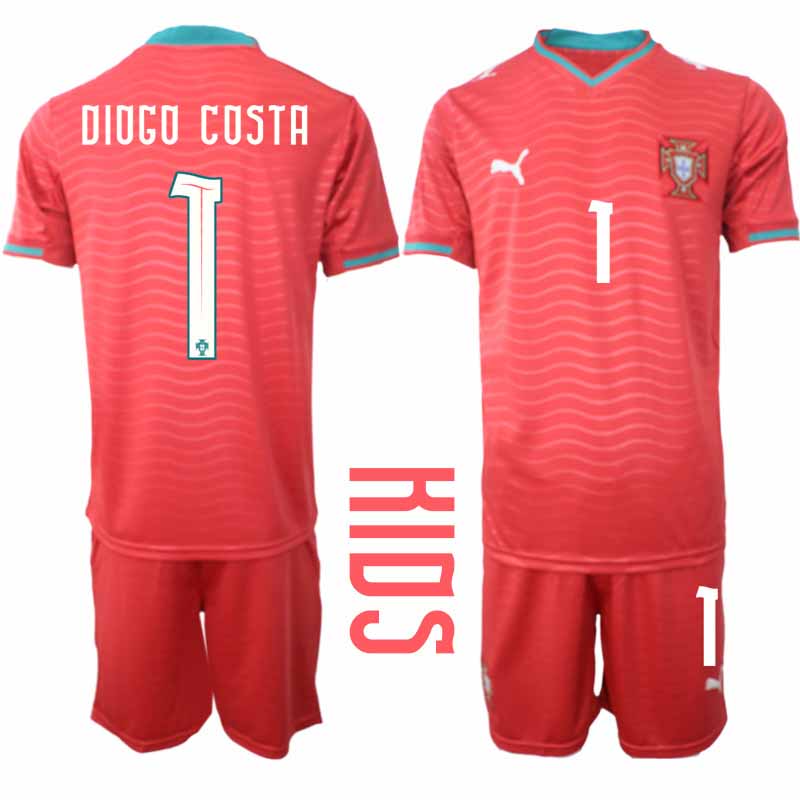 Portugal Barn Hemmaställ VM 2026 Diogo Costa #1 Kortärmad Fotbollströja med Shorts