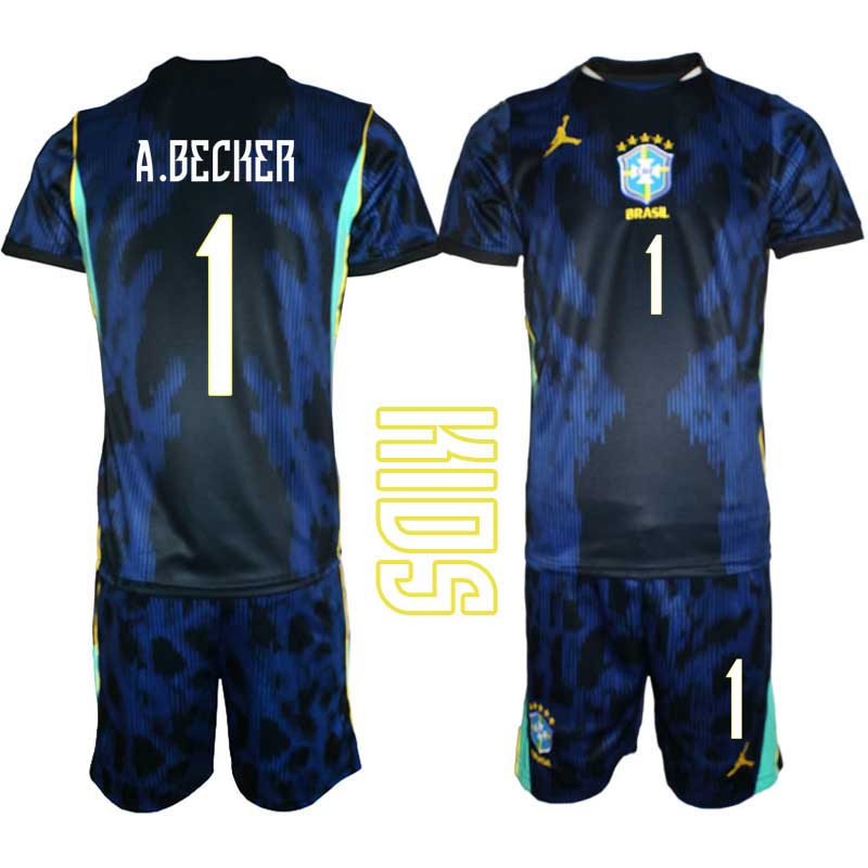 Brasilien Bortaställ VM 2026 Barn – Alisson Becker #1 Fotbollströja Brasilien Bortaställ VM 2026 Barn – Alisson Becker #1 Fotbollströja
