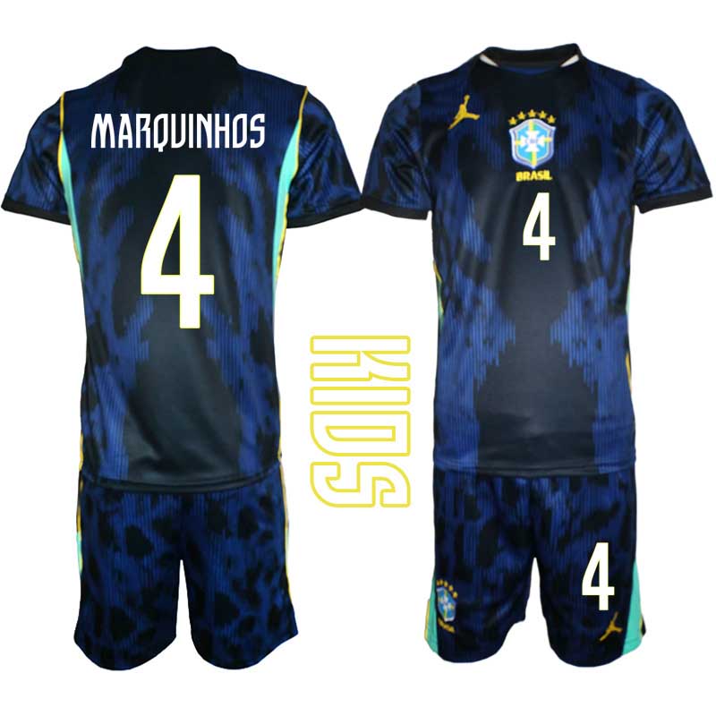 Brasilien Bortaställ VM 2026 Barn – Marquinhos #4 Fotbollströja 1 Brasilien Bortaställ VM 2026 Barn – Marquinhos #4 Fotbollströja