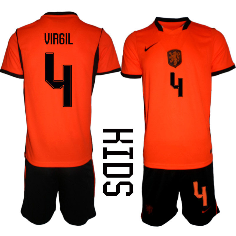 Nederländerna Hemmaställ VM 2026 Barn Virgil van Dijk 4 Tröja och Shorts Nederländerna Hemmaställ VM 2026 Barn Virgil van Dijk 4 Tröja och Shorts